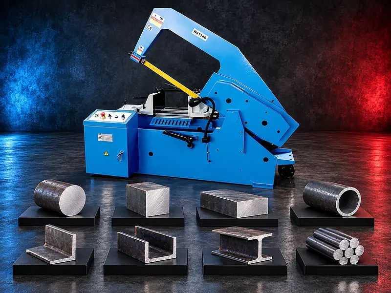 Horizontal metal bandsaw cutting a bar secured in the machine vise