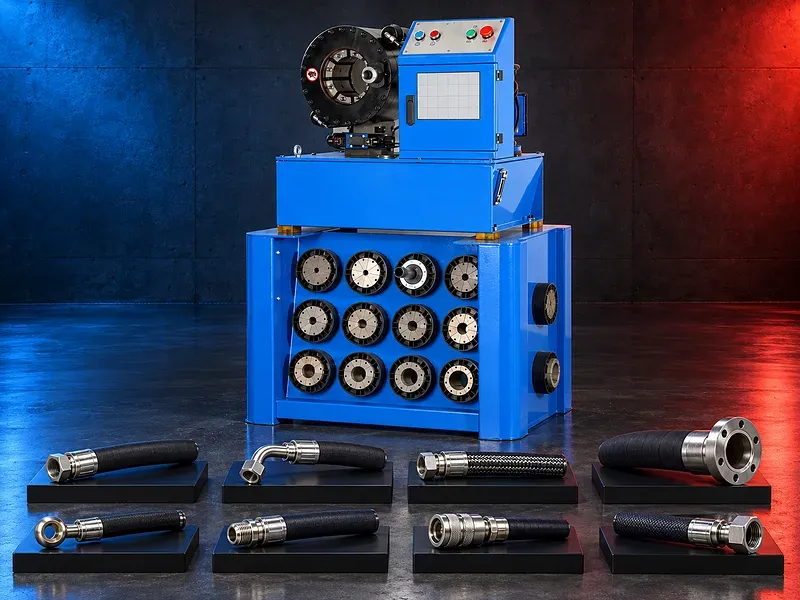 Hydraulic hose crimping machine with segmented die head control panel and foot pedal