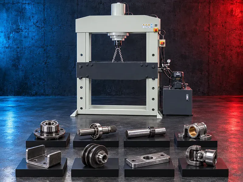 Hydraulic press with rigid frame hydraulic ram adjustable work bed and operator controls