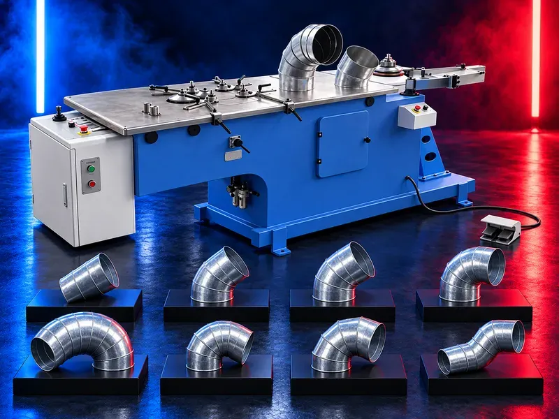 Dual workstation hydraulic machine forming edges on round HVAC duct elbow segments