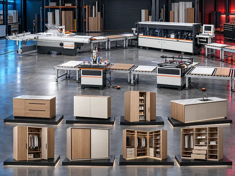 Kitchen and wardrobe furniture machinery graphic showing a sliding table saw edge bander and boring machines