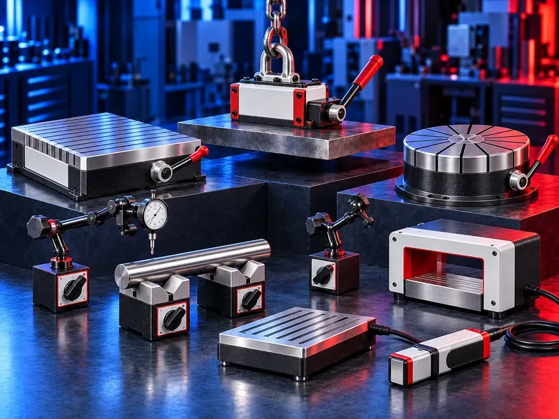 Industrial magnetic equipment including magnetic chucks, lifting magnets, magnetic bases, V-blocks and demagnetizers