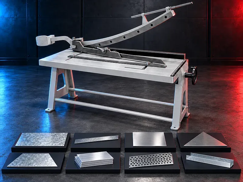 Product graphic showing a manual arm guillotine shear with metal frame cutting table operating lever and adjustment handwheel
