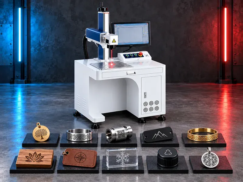 Industrial laser marking machine with examples marked on metal, plastic, wood, acrylic, and leather