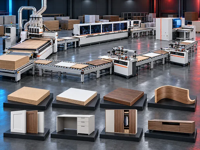 Melamine faced board samples with a furniture production line showing nesting edge banding and boring equipment