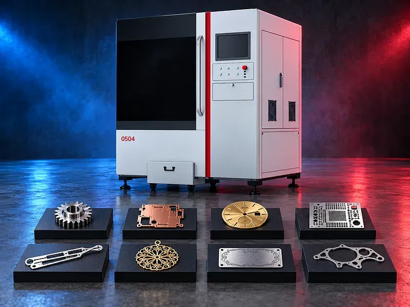 Compact fiber laser machine cutting small detailed parts from a metal sheet