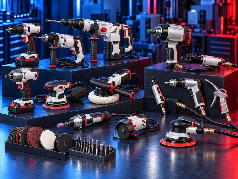 Industrial power and pneumatic tools including drills, impact wrenches, grinders, sanders and air tools