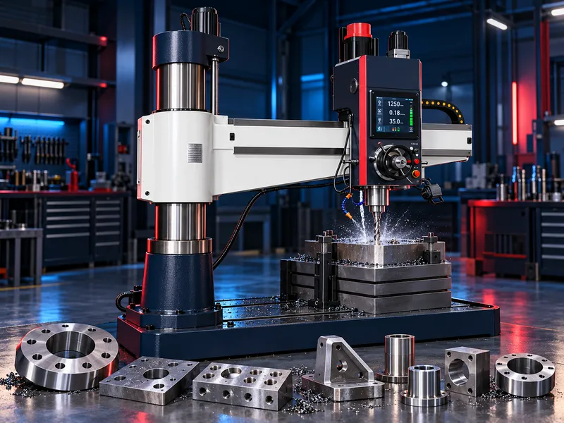 Radial drilling machine with movable arm and servo control for heavy-duty drilling and tapping