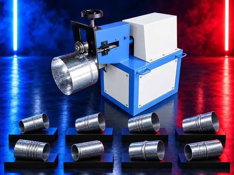 Round duct grooving machine with forming rollers creating a bead on a circular HVAC duct