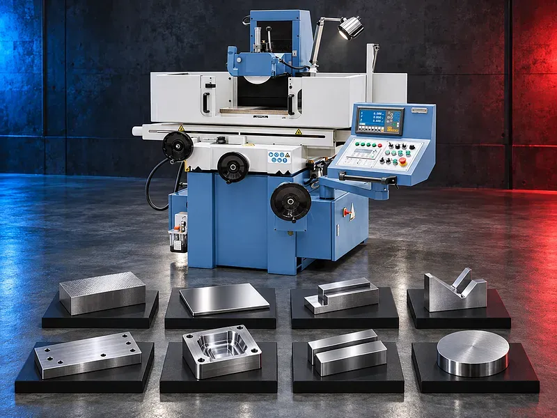 Surface grinding machine with grinding wheel head reciprocating worktable and operator controls