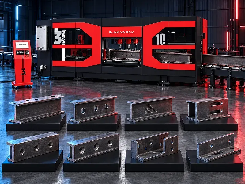 خط تخريم كمرات CNC بثلاثة رؤوس مع سيور تغذية للقطاعات الإنشائية ووحدات تشغيل ومنطقة عمل مغلقة