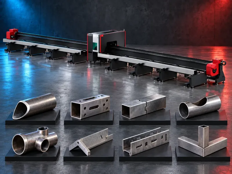 Triple chuck bevel laser cutter holding a large metal tube during cutting