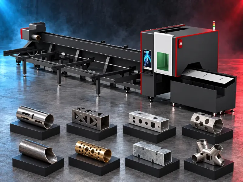 Tube fiber laser cutting machine processing a metal tube held by automatic chucks