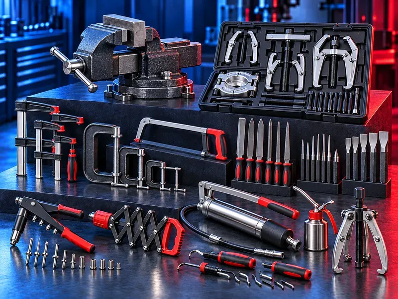Industrial workshop tools including bench vises, clamps, files, riveters, grease guns and puller sets