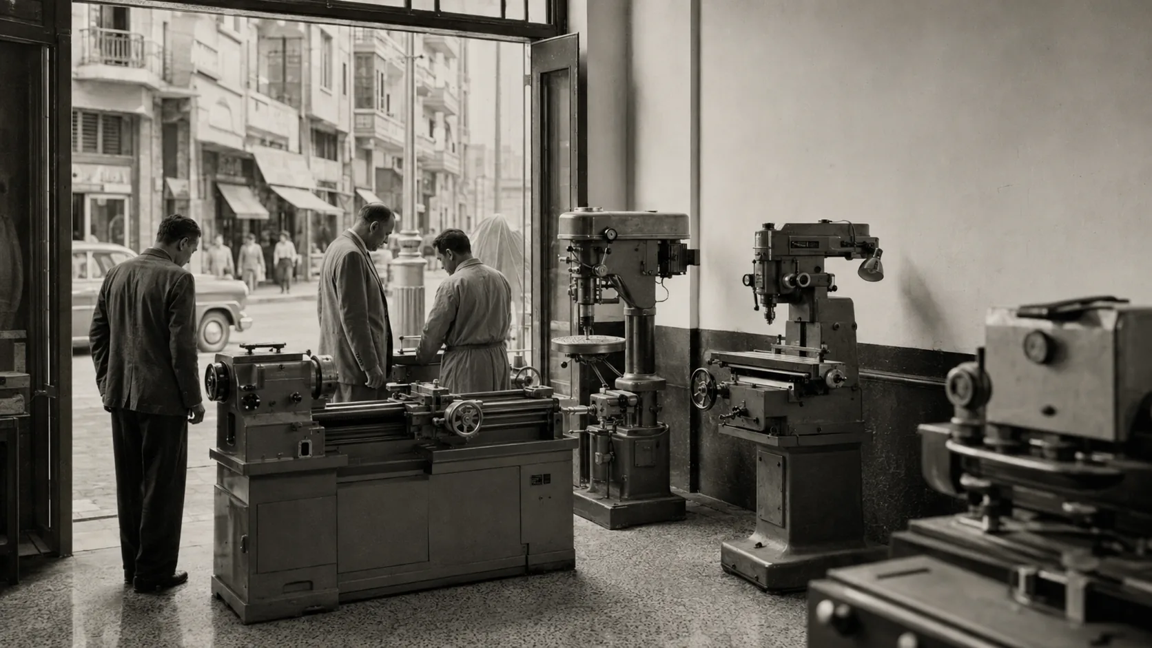The original Sakkary showroom in Downtown Cairo in 1958, with lathes and milling machines on the floor and the street visible through the shopfront